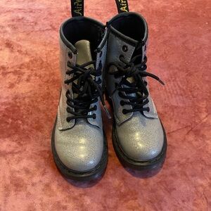 Dr. Martens kids boots, silver glitter. Used but in great condition.